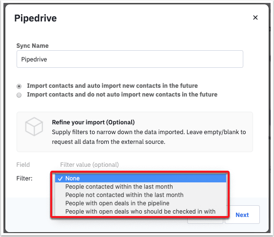 Pipedrive ActiveCampaign Integration: Sync name and add filter